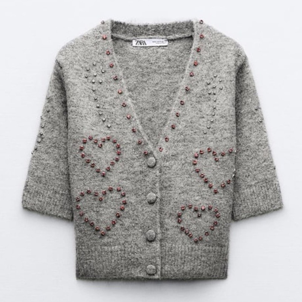 Zara Grey HEART BEADED KNIT CARDIGAN Size Large - Picture 4 of 9